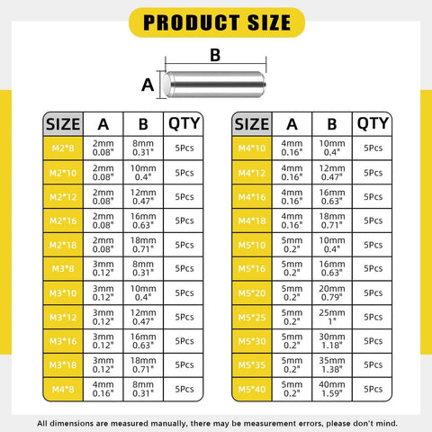 Size chart for Stainless Steel Dowel Pin Kit 110 Piece 22 Sizes M2 M3 M4 M5 Assortment, includes dimensions and quantities.