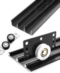 Built Tough Heavy Duty Triple Track Sliding Door Hardware Kit With Aluminum Rails, Flush Mount Bypass shown with components.