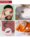 Button blanks collage: four 32mm metal button blanks showing fox, Artist badge, Love you badge, Your Design Here badge.