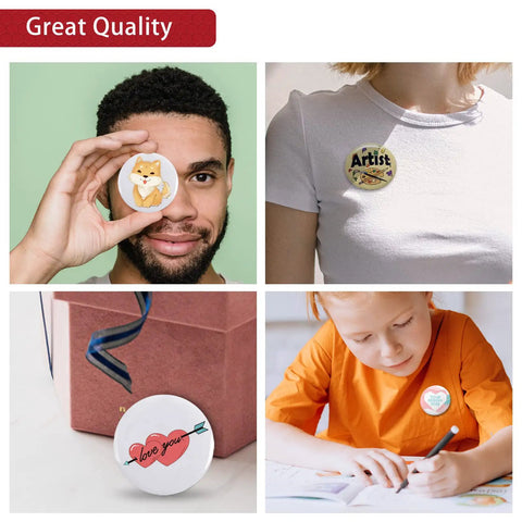 Fresh 200 Set Of 58Mm Button Maker Supplies With Top Shelf Steel Dies And Blank Badge Papers For Anyone Who Wants Sick Custom Pins And Hype Crafts displayed as various custom pins.