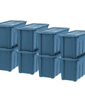 8 pack of 31 Gallon Storage Totes Built Like A Tank Heavy Duty Stackable Bins Navy with snap on lids and easy grip handles.
