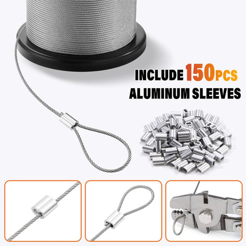 Beefed Up 7x7 Stainless Steel Wire Rope Cable One Sixteenth Inch 328 Feet With 150 Crimping Sleeves for outdoor use