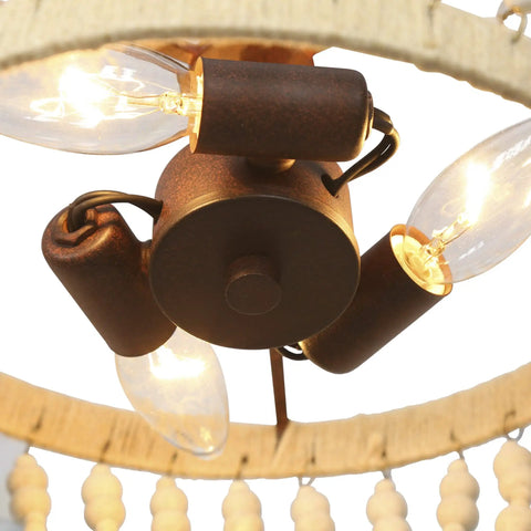 Close-up of Wood Beaded Semi Flush Mount Ceiling Light 3 Light Farmhouse Boho Style Cozy Chandelier with bulbs and wood beads.