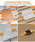 4 Pack Aluminum Tiger Claw Clamp Set With Low Profile Side Hold Downs securing various materials on CNC table
