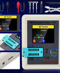 Ultimate LCR Meter And ESR Tester With Full Color TFT Display showing diode test details and accessories