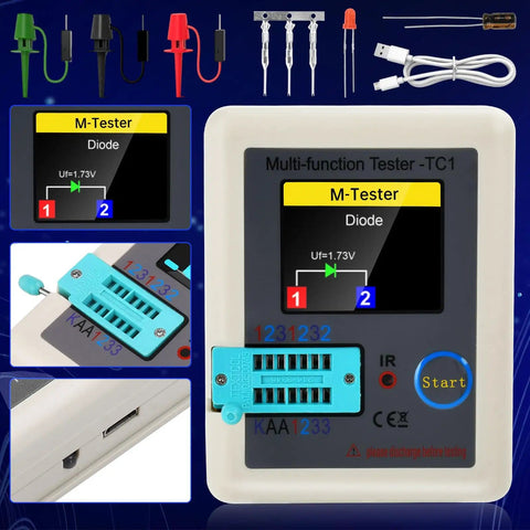 Ultimate LCR Meter And ESR Tester With Full Color TFT Display showing diode test details and accessories