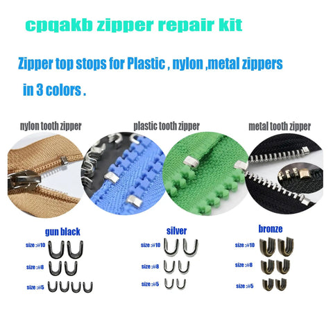 52 Piece Zipper Repair Kit With Metal Head Sliders Retainers And Insertion Pins In 3 Colors And 3 Sizes Includes Stops Bottoms And U Shape Pieces For Size 10 8 5 Zippers Easy Diy Fix For Stuck Or Broken Zippers showing various zippers and repair pieces