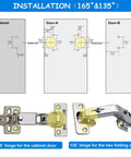 Installation guide for Top Shelf Soft Close Cabinet Hinges, showing 165 and 135 degree options for frameless doors.