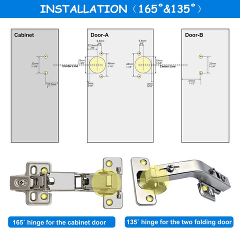 Installation guide for Top Shelf Soft Close Cabinet Hinges, showing 165 and 135 degree options for frameless doors.