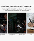 4-in-1 multifunctional O'Pen 3 EDC Pen Light with USB C rechargeable flashlight for writing and outdoor use, shown in action