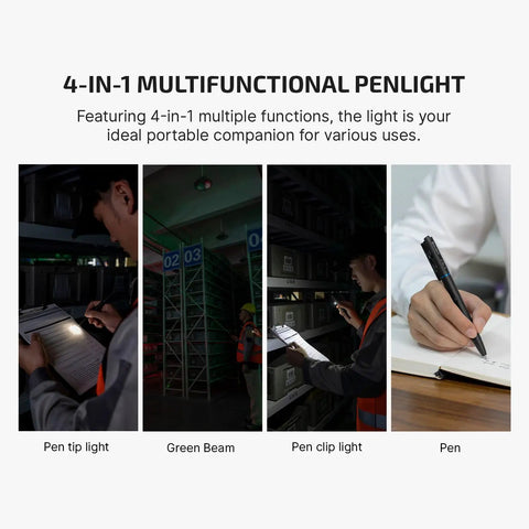 4-in-1 multifunctional O'Pen 3 EDC Pen Light with USB C rechargeable flashlight for writing and outdoor use, shown in action