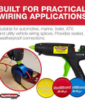 Pro Grade Wiring Splice And Sealing Kit With 80W Glue Gun Crimper And Sealant Sticks Wire Stripper For Automotive Marine Trailer ATV UTV Wire Repair Waterproof Connector System shown in use with sealant sticks, wiring close-up, and description of practical applications