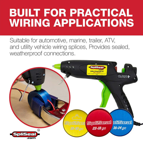 Pro Grade Wiring Splice And Sealing Kit With 80W Glue Gun Crimper And Sealant Sticks Wire Stripper For Automotive Marine Trailer ATV UTV Wire Repair Waterproof Connector System shown in use with sealant sticks, wiring close-up, and description of practical applications