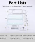 Assembly parts for Floating Glass Shelves For Bathroom, 14 Inch Tempered Glass With Aluminum Brackets, labeled with numbers.