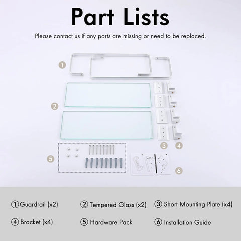 Assembly parts for Floating Glass Shelves For Bathroom, 14 Inch Tempered Glass With Aluminum Brackets, labeled with numbers.