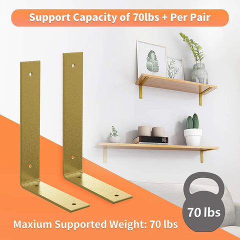 Heavy Duty 6 Inch L Shelf Brackets In Rustic Gold Iron For Industrial Modern Floating Shelves With Hardware 70 lbs support