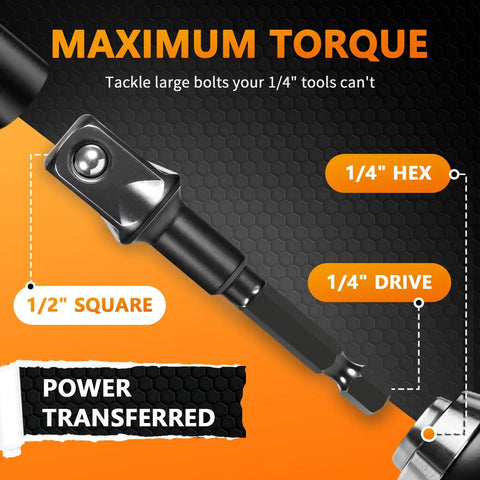 4 Pack 1/4 To 1/2 Inch Socket Adapter Set For Impact Drivers And Drills displayed showing maximum torque features.