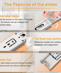 Close-up of features and design of five pairs stainless steel drawer slides full extension 12 inch side mount ball bearing rails