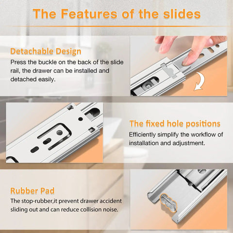 Beefy Heavy Duty Stainless Steel Drawer Slides Full Extension 22 Inch features including detachable design and rubber pad.
