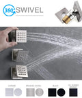 Multiple metal showerheads with adjustable swivel jets, showing water spray effects in various finishes including black and nickel.