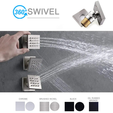 Multiple metal showerheads with adjustable swivel jets, showing water spray effects in various finishes including black and nickel.