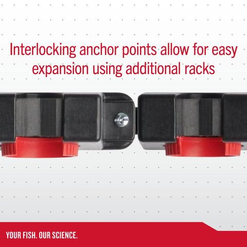 Close-up of Twist Lock Fishing Rod Rack for Wall Mount Stores Four Rods Black Finish showing interlocking anchor points.