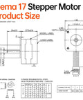 NEMA 17 stepper motor blueprint with front and side views, mounting holes, and 4-wire cable connector.