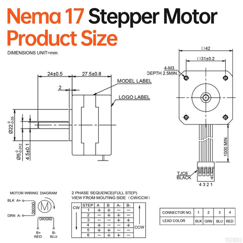 NEMA 17 stepper motor blueprint with front and side views, mounting holes, and 4-wire cable connector.