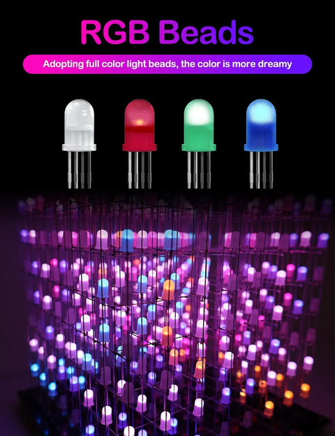 3D LED Cube Kit For DIY Electronics, RGB lights showing vibrant effects, soldered LEDs, front view, dark background for contrast.
