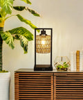 Farmhouse Rattan Table Lamp from Set of 2 with Boho Vibe displayed on a wooden cabinet, touch control, USB ports visible