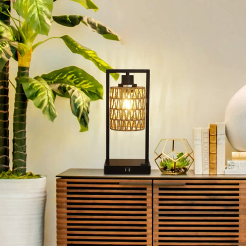 Farmhouse Rattan Table Lamp from Set of 2 with Boho Vibe displayed on a wooden cabinet, touch control, USB ports visible