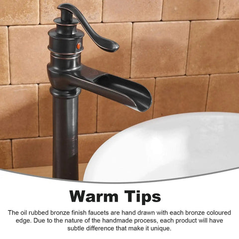 Waterfall Vessel Sink Faucet With Single Hole Install, Oil Rubbed Bronze Rustic Farmhouse Lavatory Tall Basin Vanity in bathroom