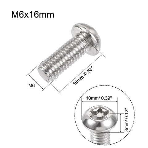 M6x16mm Torx Security Pan Head Machine Screws In 20 Piece Set Premium 304 Stainless Steel Fasteners showing detailed measurements and design.