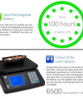 Portable Coin Counting Scale With Battery And Tare Function For Quick Value And Quantity Counts Lets You Track USD EUR CAD GBP Coins, Handles Up To 650 Dollars Or 6500 Coins Or 33 Pounds, Adds Results For Fast Cash Sorting, displayed with coins and features list.