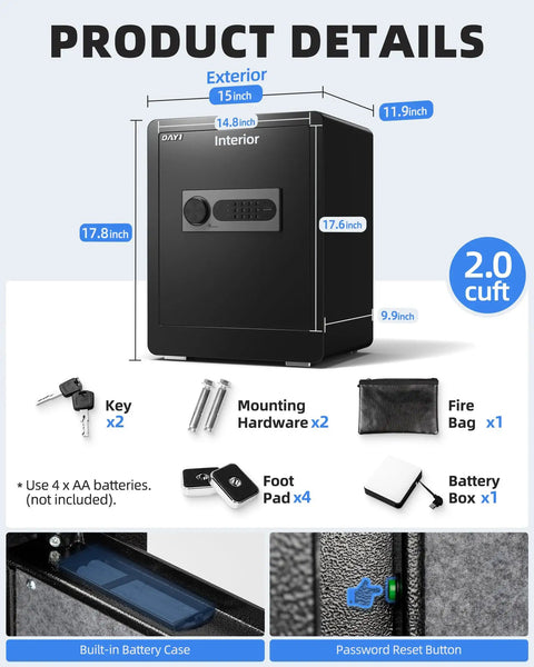 Dimensions and components of Home Safe Box 2.0 Cu Ft With Fireproof Waterproof Bag Digital Electronic Keypad Dual Alarm System