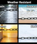 Weather resistant lightweight black plastic chain link 82 ft long 1.5 inch diameter, shown in rain, seawater, sun, snow conditions.
