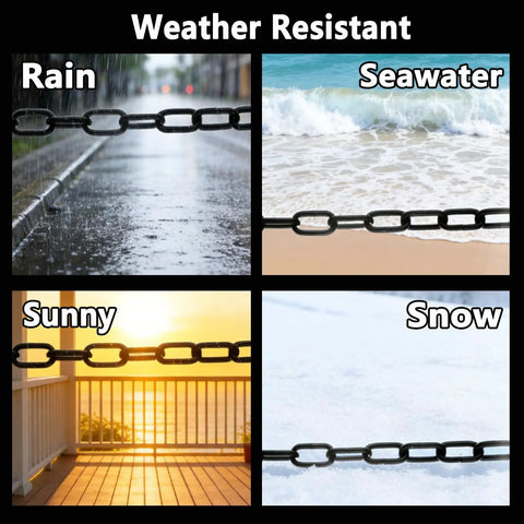 Weather resistant lightweight black plastic chain link 82 ft long 1.5 inch diameter, shown in rain, seawater, sun, snow conditions.