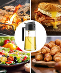 Slick Black 2 In 1 Oil Sprayer And Glass Dispenser For Kitchen Cooking Smooth Mist Spray Bottle 16 Oz with gourmet food images.