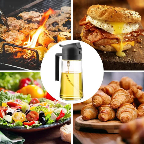 Slick Black 2 In 1 Oil Sprayer And Glass Dispenser For Kitchen Cooking Smooth Mist Spray Bottle 16 Oz with gourmet food images.