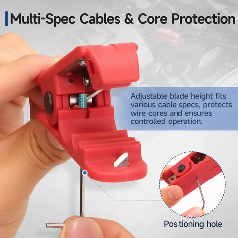 Round Cable Stripper For AWG 12 To Four Zero Pro Grade with adjustable blade and positioning hole, shown in use.