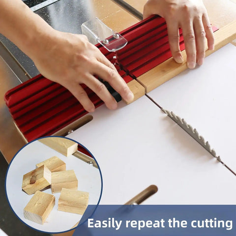 Person using Crosscut Sled For Table Saw With Adjustable Aluminum Track And Composite Stopper Large Panel Capacity Woodworking Jig Router Sled Kit For Miter Slot Perfect For Accurate Repeated Cuts.