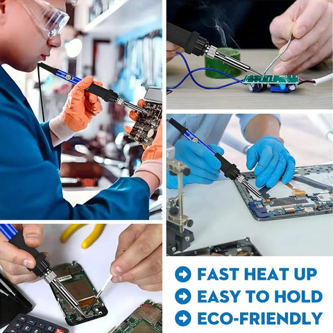 DIYers using a 60W Adjustable Temperature Soldering Iron Kit for Electronics and Jewelry Repair, 110V Fast Heating Tool with Five Tips.