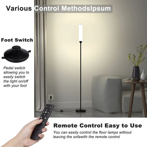 Corner Floor Lamp With Remote for Living Room, Modern Minimalist Black Floor Light That Fits Corners, space saving design, shown with remote and foot switch