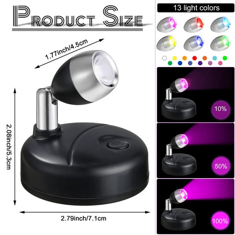 Six Battery Operated Wireless LED Spotlight Kit Indoor With 13 Color Up Lights, 3 Remote Controls, showing spotlight size and colors