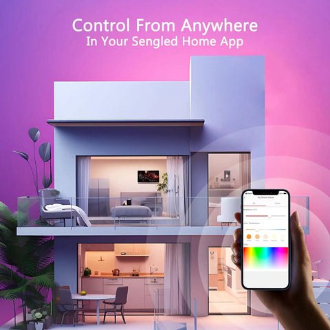 Smart home app controlling WiFi Color Changing A19 LED Bulbs With Alexa And Google Assistant, house with color lighting control.