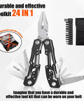 24-in-1 multi-tool kit with pliers, knives, and screwdriver bits, featuring a black carry pouch, associated with durable design.
