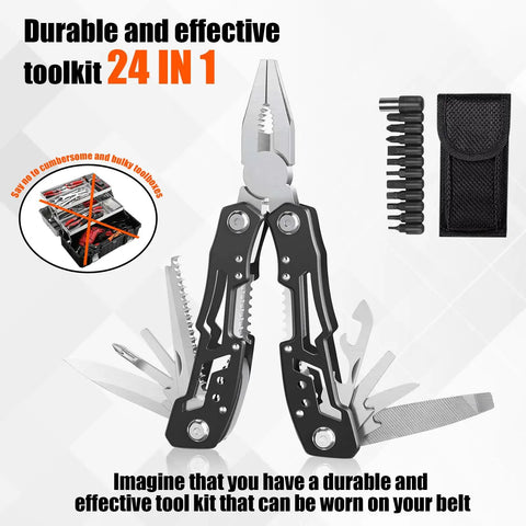 24-in-1 multi-tool kit with pliers, knives, and screwdriver bits, featuring a black carry pouch, associated with durable design.