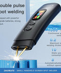 Portable Handheld Spot Welder With 2 In 1 Welding Pen Ultra Lightweight 155g One Hand Use Auto And Manual Modes DIY 18650 Battery Pack Welding Weld Nickel Sheet, showing close-up of welding action on battery pack with screen display.