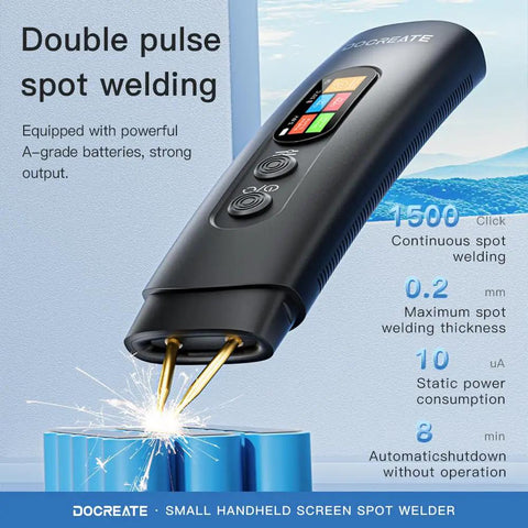 Portable Handheld Spot Welder With 2 In 1 Welding Pen Ultra Lightweight 155g One Hand Use Auto And Manual Modes DIY 18650 Battery Pack Welding Weld Nickel Sheet, showing close-up of welding action on battery pack with screen display.