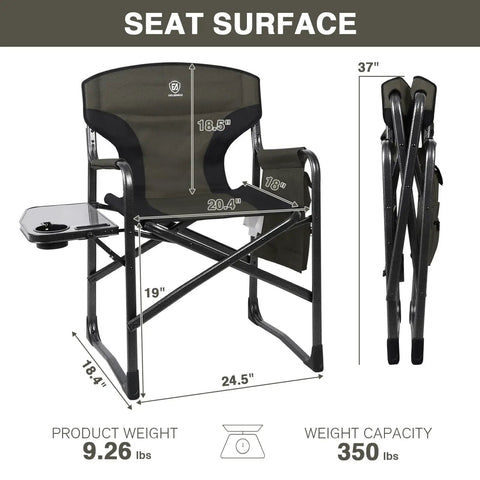 Aluminum Lightweight Folding Director Chair With Side Table And Storage 350 Lbs Pro Grade Heavy Duty Camping Chair 19 Inch Joint Friendly Height